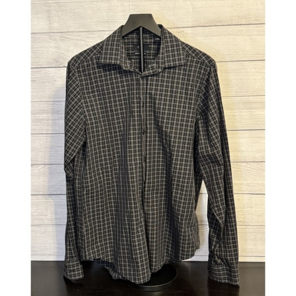Men's Calvin Klein Plaid Button-Up Shirt – Black Slim Fit Size Large (16, 36/37)